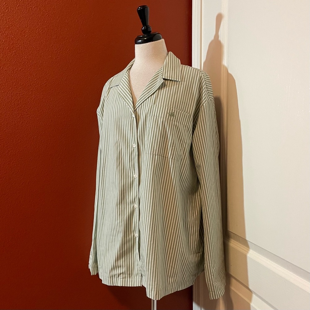 Airelles Women’s Woven Cotton Green & White Striped Button Up Pajama Top